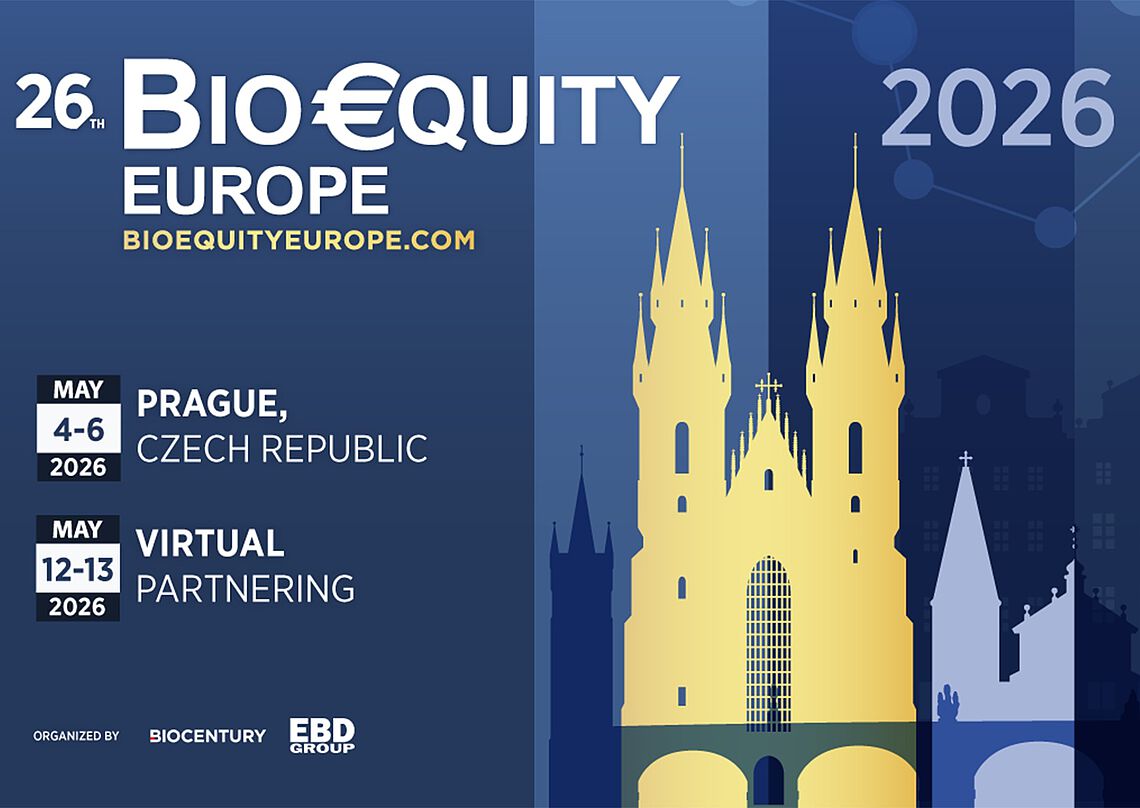 The image promotes the BioEquity Conference 2026 in Prague.
