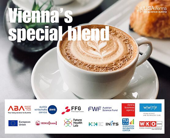The picture includes a photo showing a nice cup of Viennese Melange and logos from funding agencies and other organizations that contribute to the success of the regional life sciences community