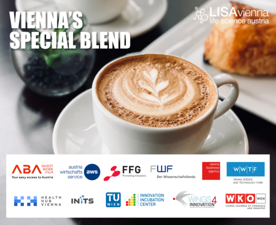 This slide entitled "Vienna's special blend" includes a photo showing a nice up of melange and a box with 12 logos: ABA, aws, FFG, FWF, Vienna Business Agency, WWTF, Health Hub Vienna, INiTS, TU Wien Incubation Center, Wings4Innovation, WKO