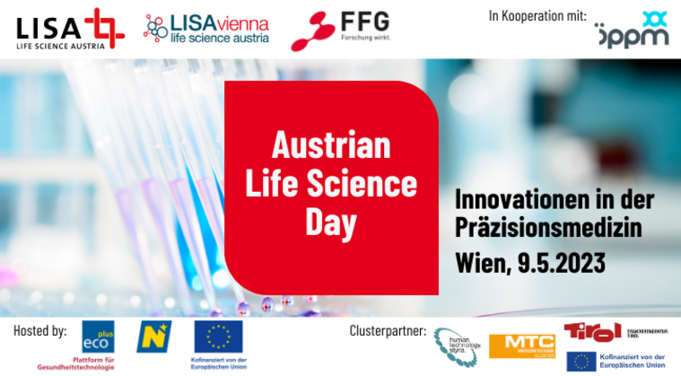 Das Bild bewirbt den Austrian Life Science Day 2023 zum Thema Innovationen in der Präzisionsmedizin, Wien, 9.5.2023 und zeigt die Logos der veranstaltenden Organisationen